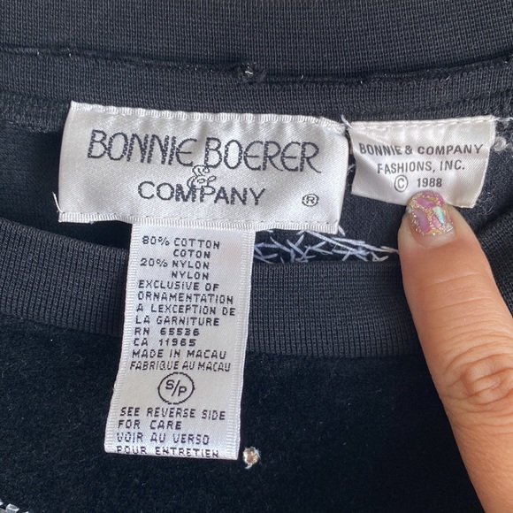 80s Vintage Bonnie Boerer Black Silver Sequin Star-Patterned Velour Sweatshirt S - Picture 9 of 9